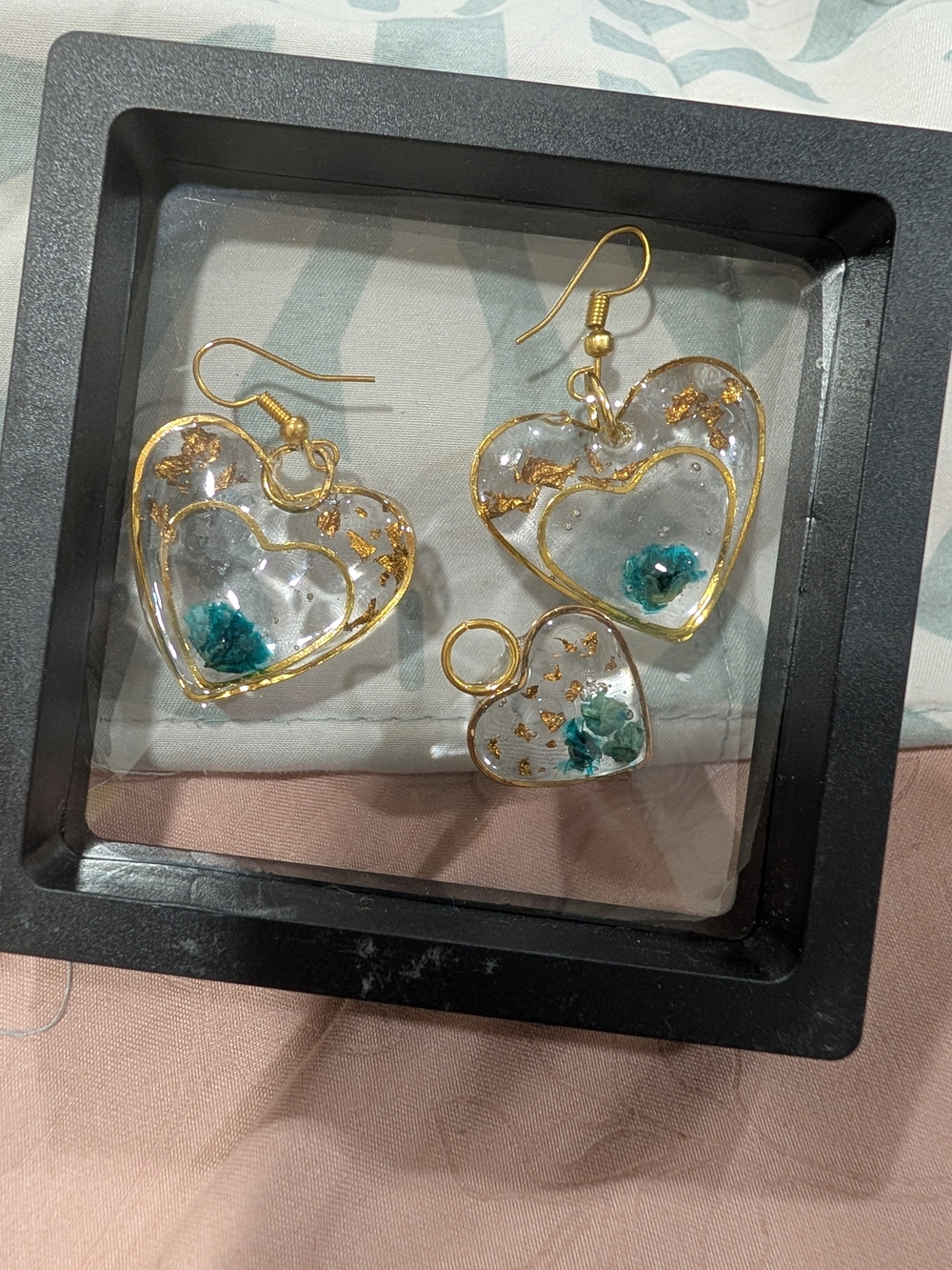 Gold-Trim Heart Resin Earrings and Pendant with Teal Accent Real Flower Handmade